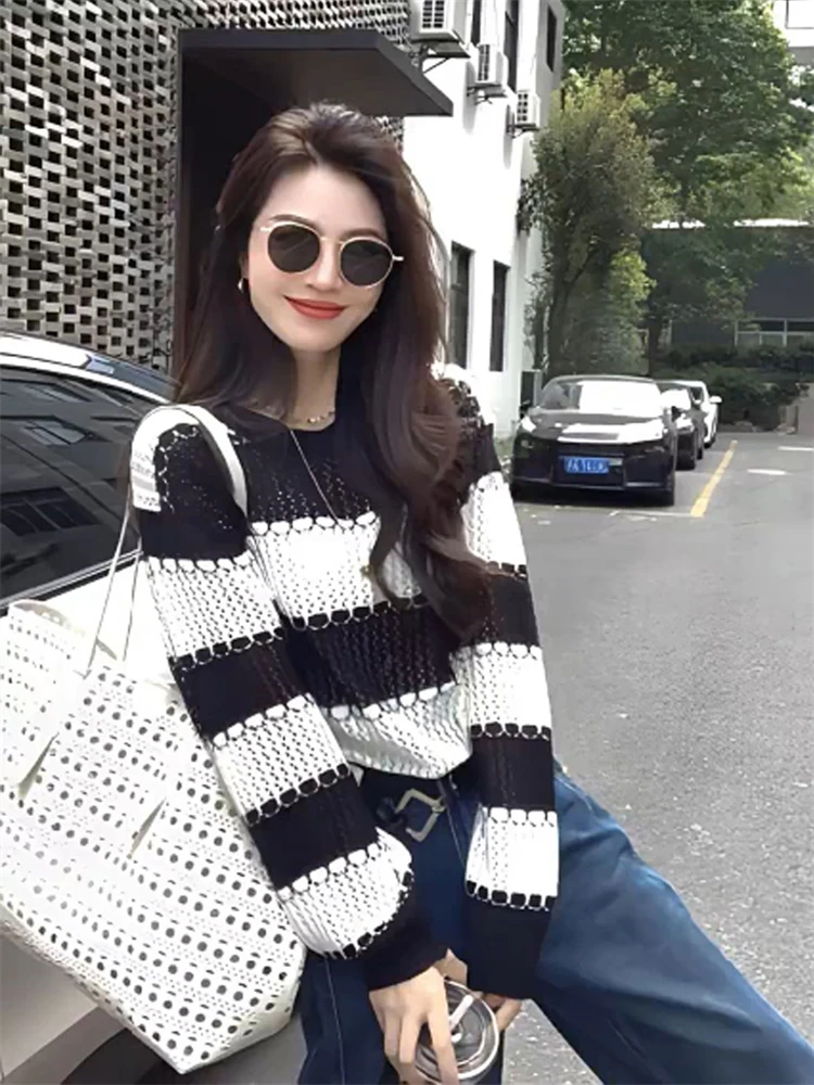 黑白条纹撞色镂空长袖针织衫女早秋慵懒高级感宽松显瘦超好看上衣