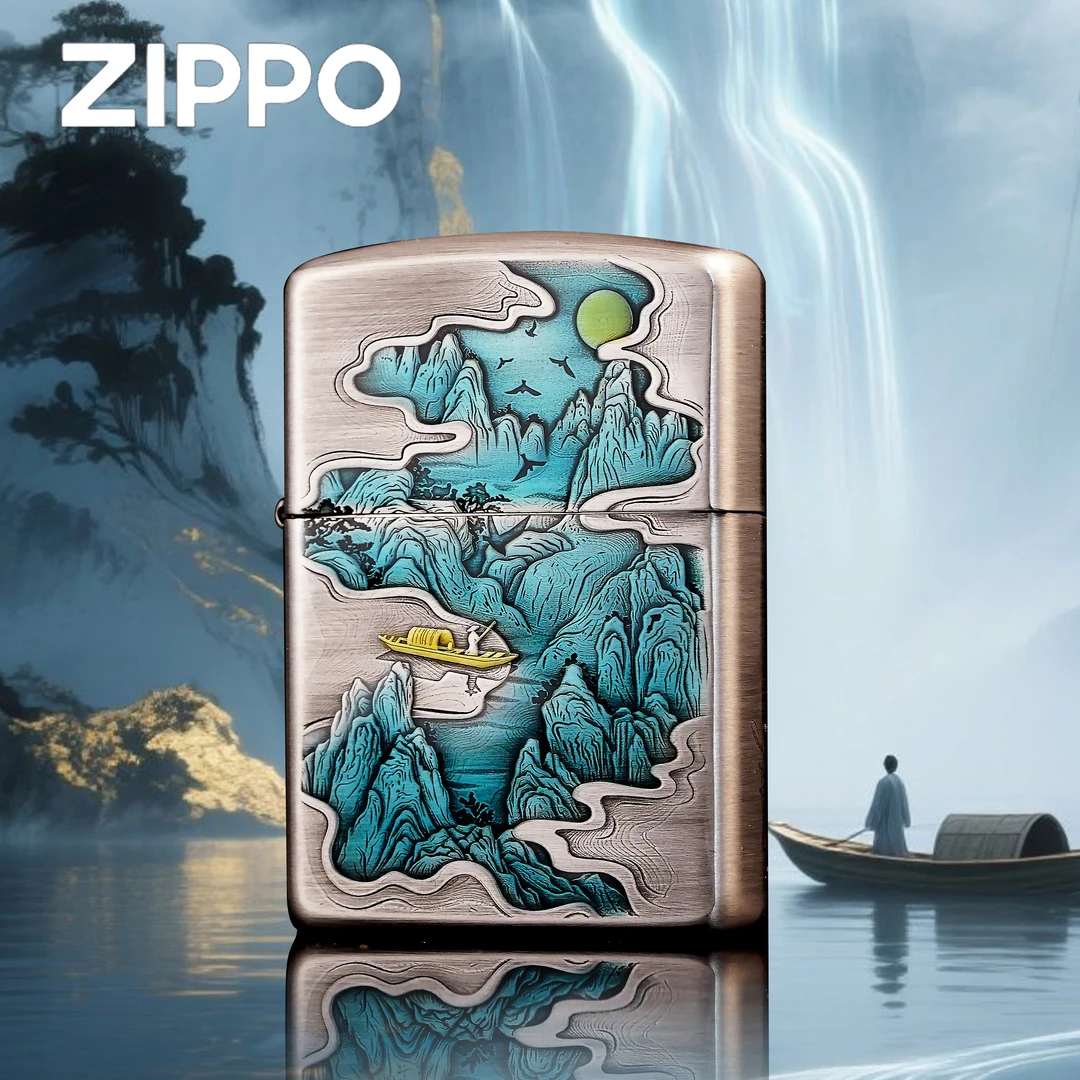 ZIPPO正品打火机/熏银盔甲轻舟已过万重山雕刻男士收藏DYJ1