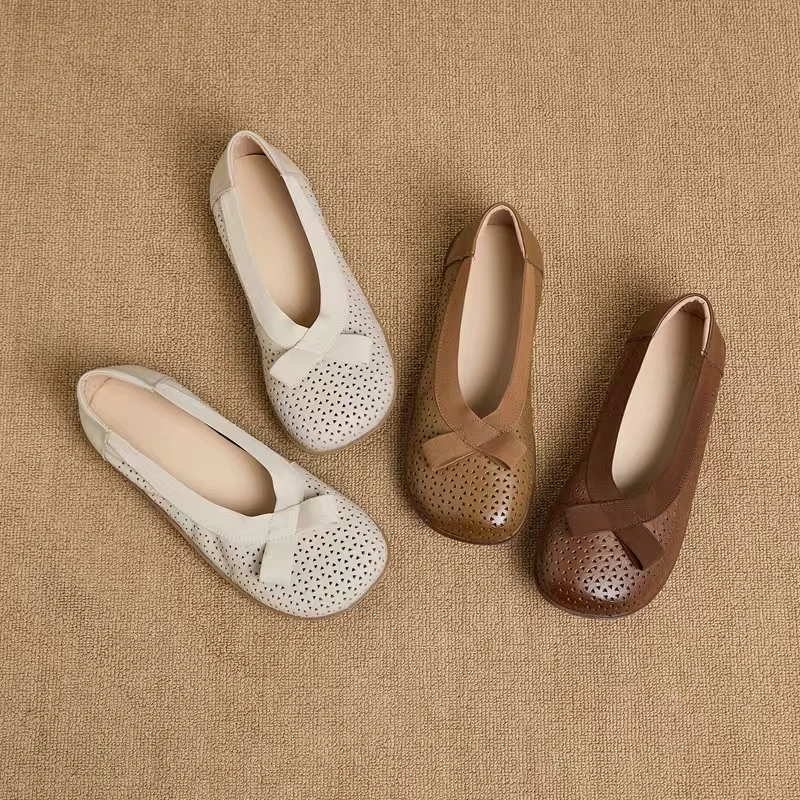 复古牛皮镂空软底蝴蝶结民族风休闲平底妈妈女单鞋 20999