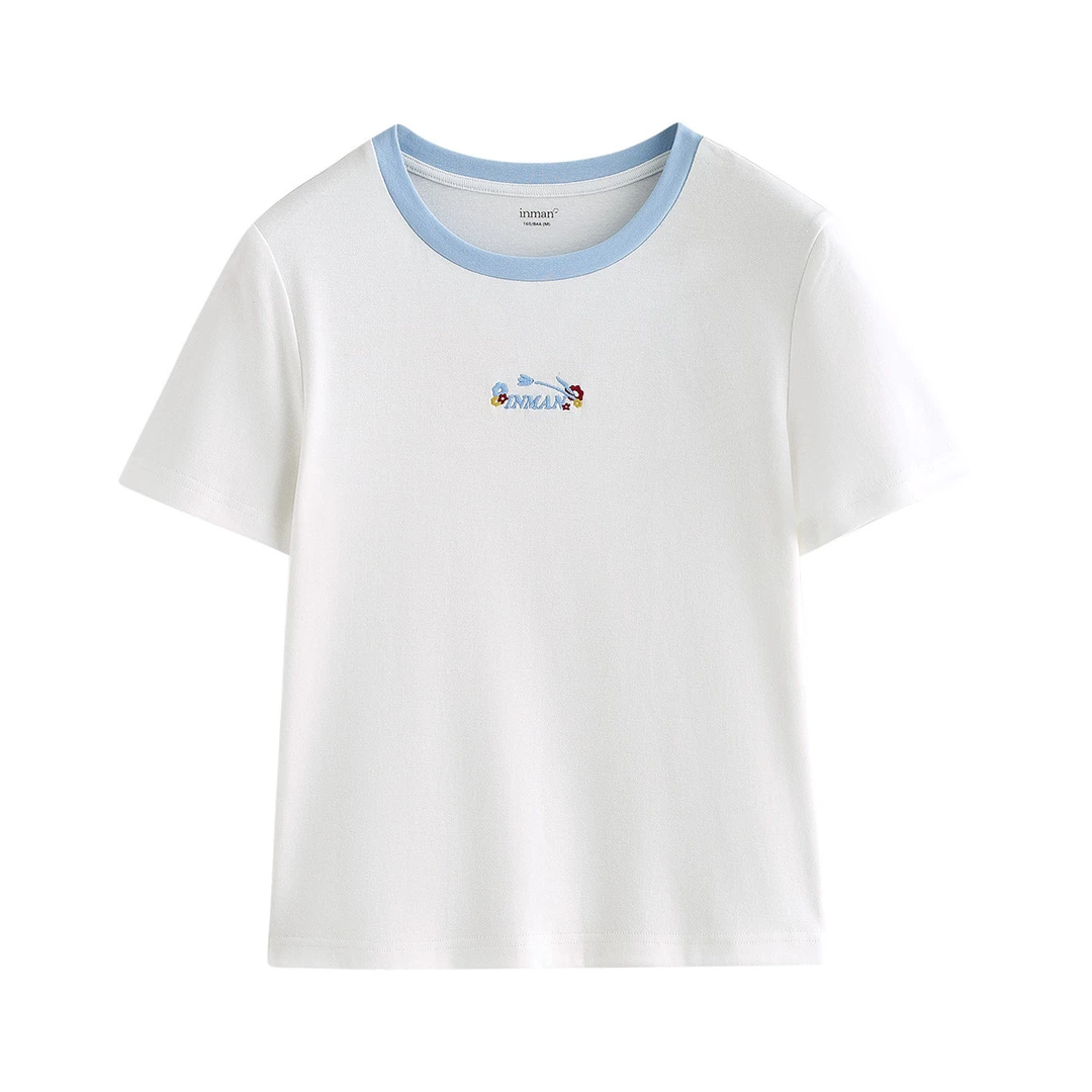 【恋夏穿搭】茵曼夏季植物图案纯棉撞色T恤休闲百搭圆领短袖上衣