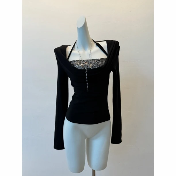 【386加绒】吊带+荡领长袖两件套 御姐气质亮片挂脖吊带上衣