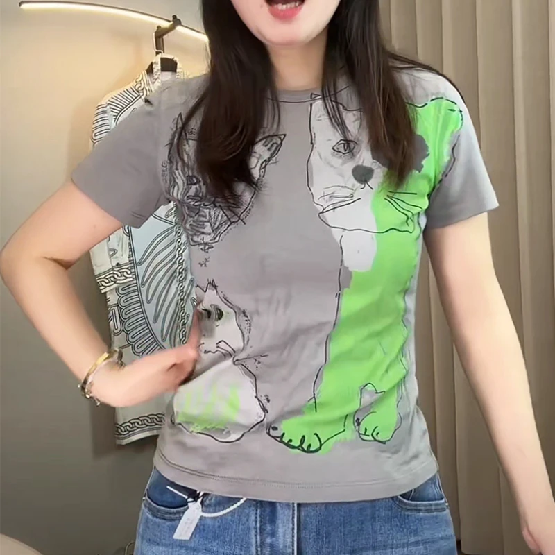 2025夏季艺术猫咪减龄显瘦时尚网红洋气炸街女装春夏小众休闲短袖