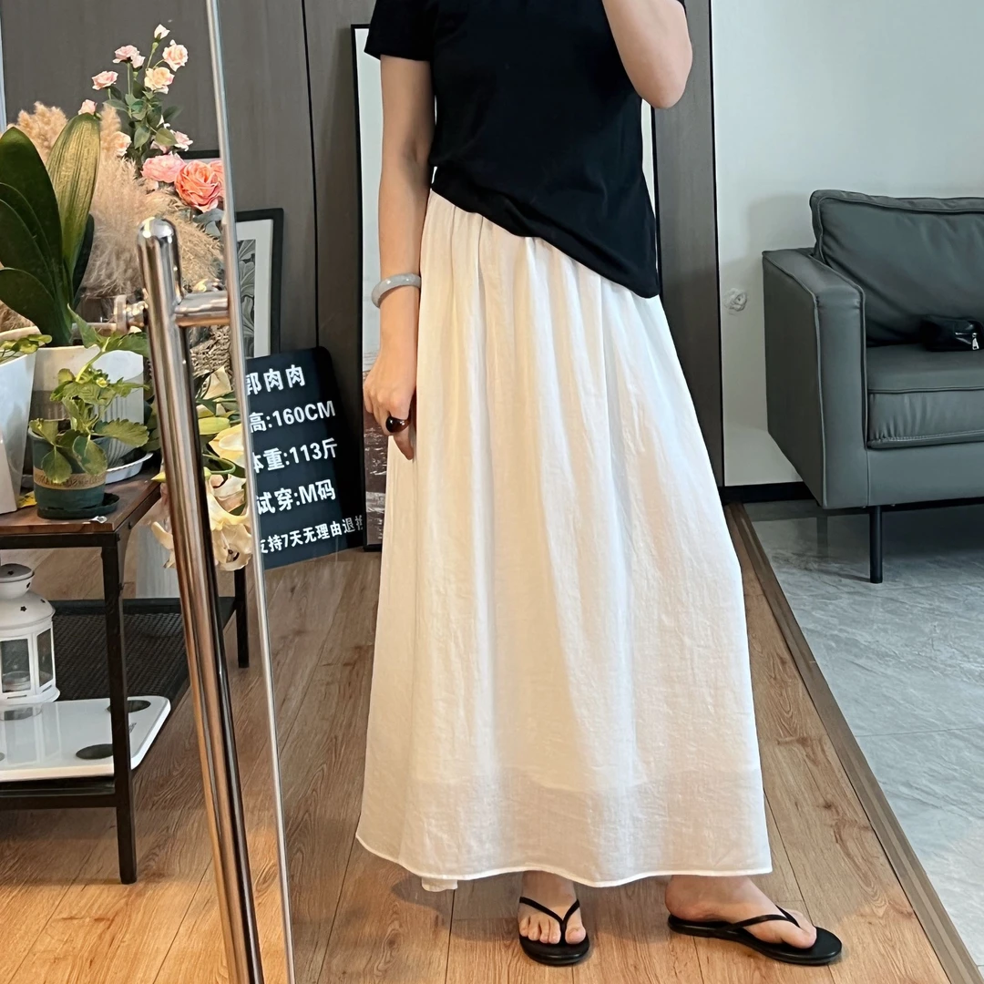 【郭肉肉】苎麻夏季半身裙法式浪漫显瘦百搭中长款时尚白色高腰