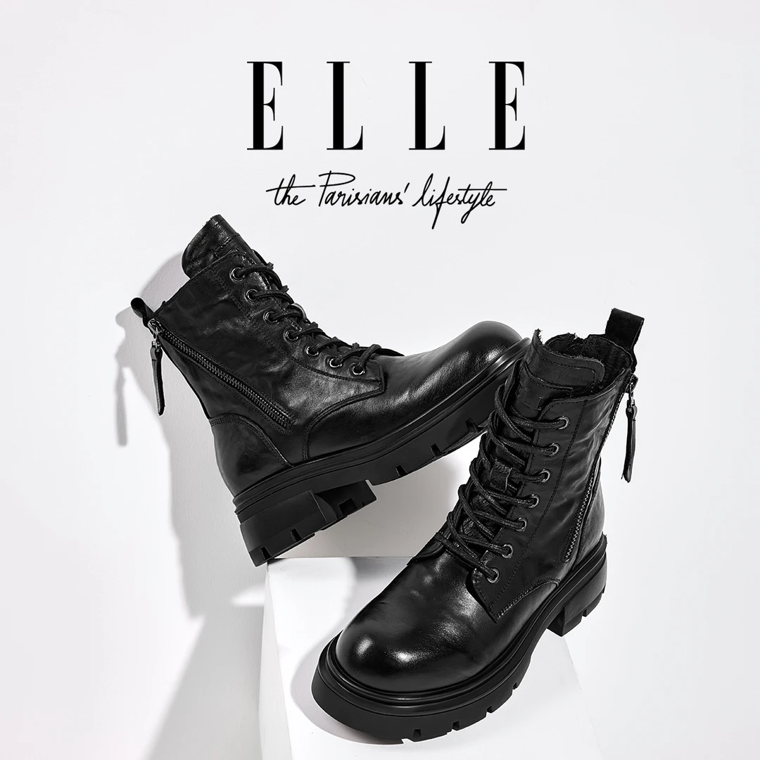 ELLE黑色英伦风马丁靴女厚底系带切尔西短靴2025新款百搭真皮女靴