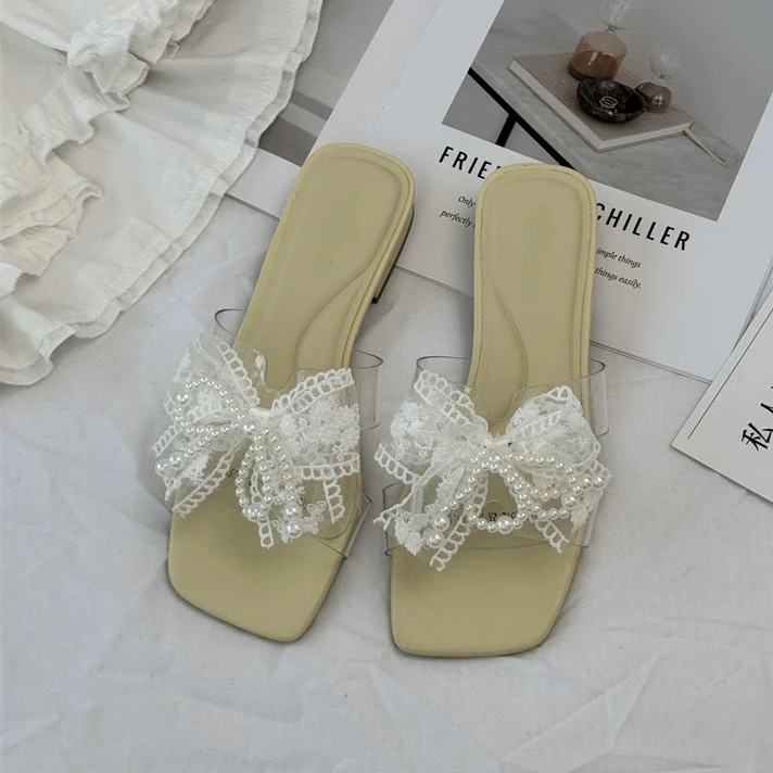 纯色粗跟胶粘鞋夏季蝴蝶结一字拖外穿平底ins时尚25122
