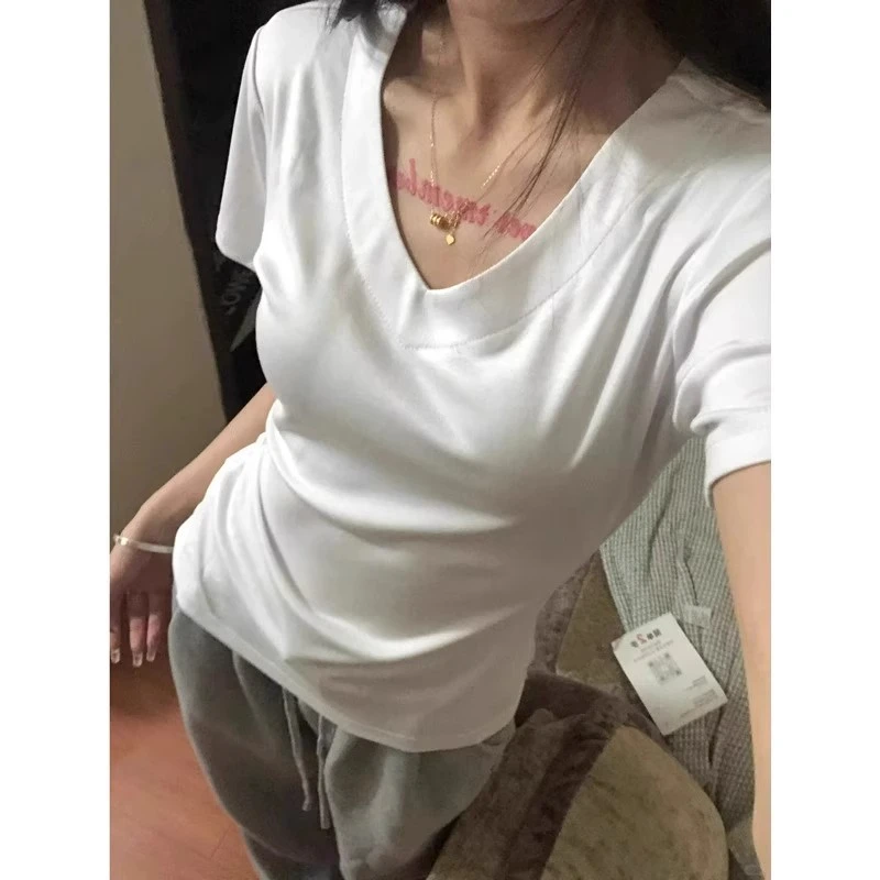 美式辣妹正肩白色v领短袖t恤女夏季2025夏季别致掐腰显瘦上衣小众