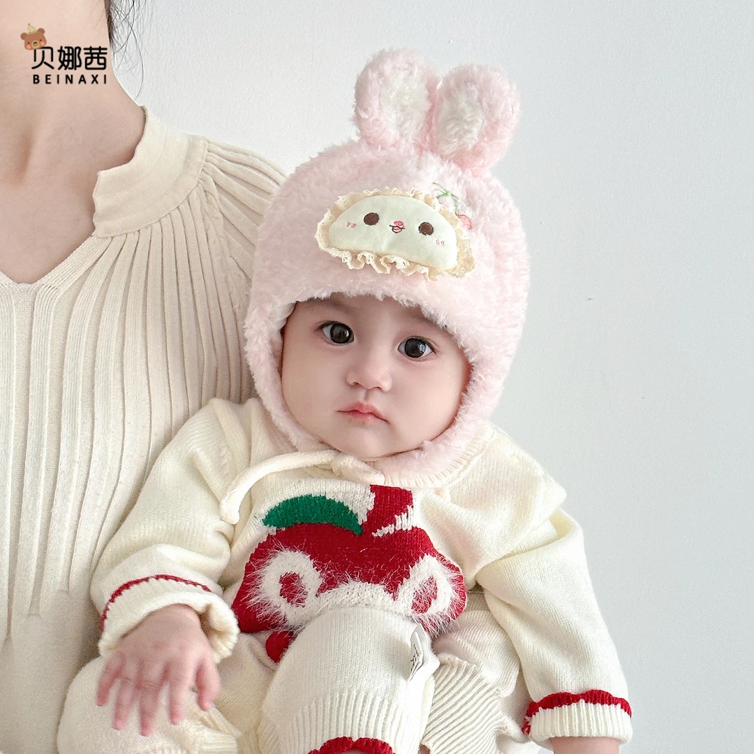 Beinaqian/贝娜茜婴儿帽子秋冬宝宝女婴幼儿冬季毛绒帽外出护耳帽