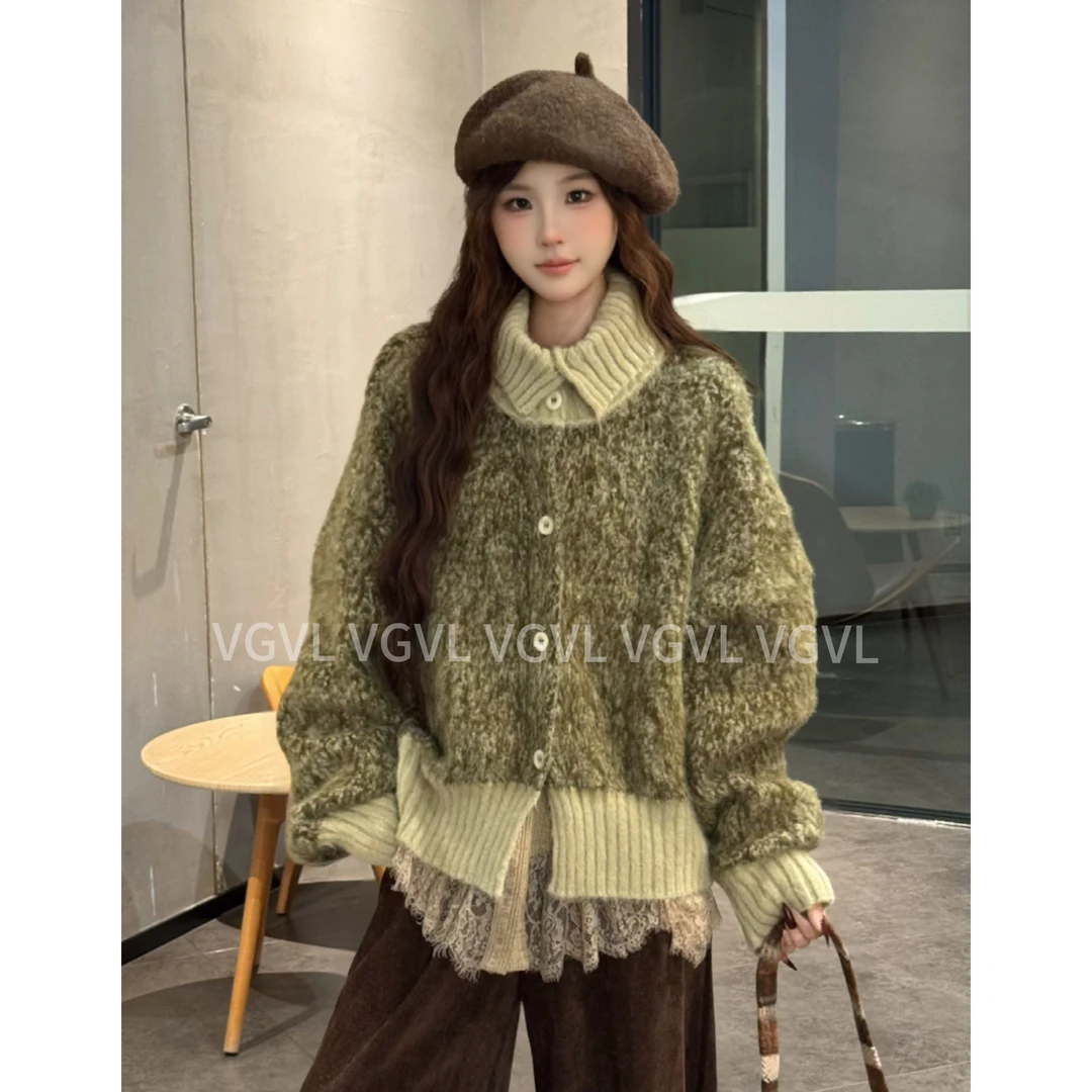 VGVL【抹茶泡芙】立领冬季女翻领网红毛针织衫百搭秋季针织50246