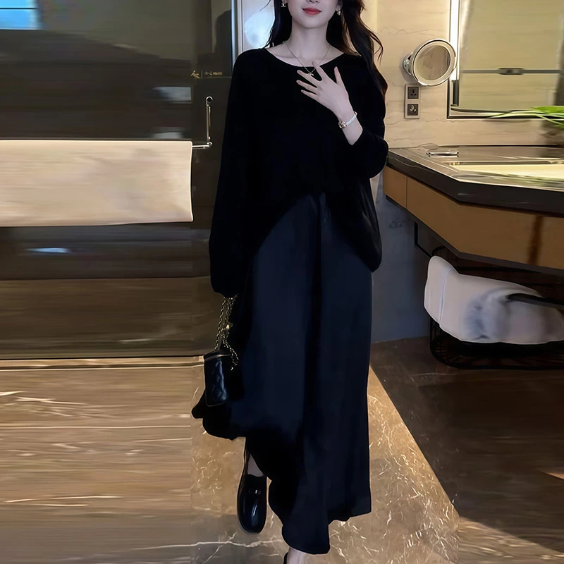 春夏后背开叉纽扣设计感长袖上衣女高腰宽松显瘦垂感半身裙两件套