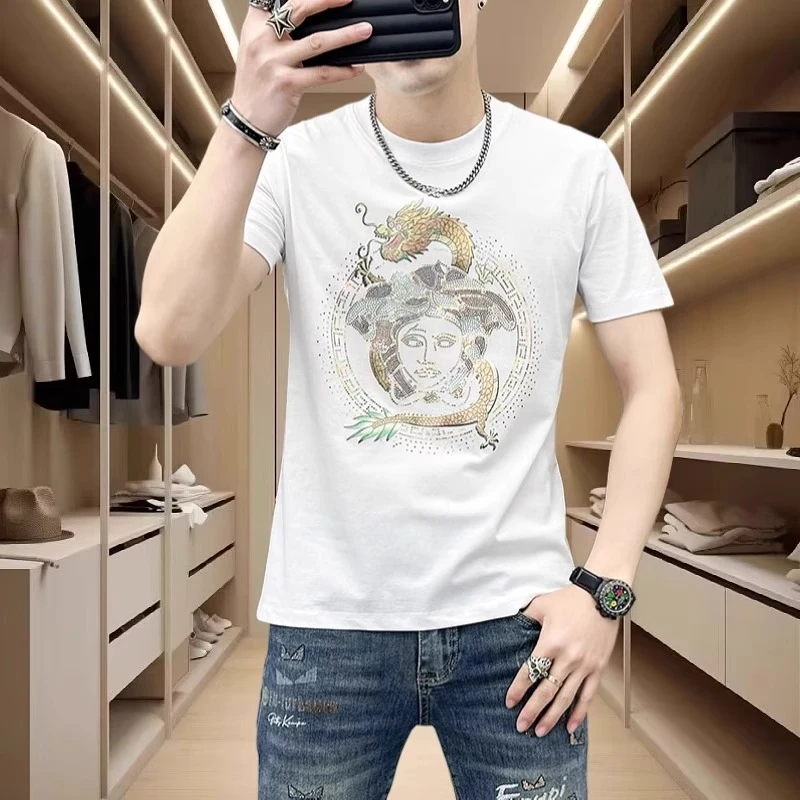 曼库帕娅印花白色短袖T恤2025新款男夏季薄款修身圆领高端弹力