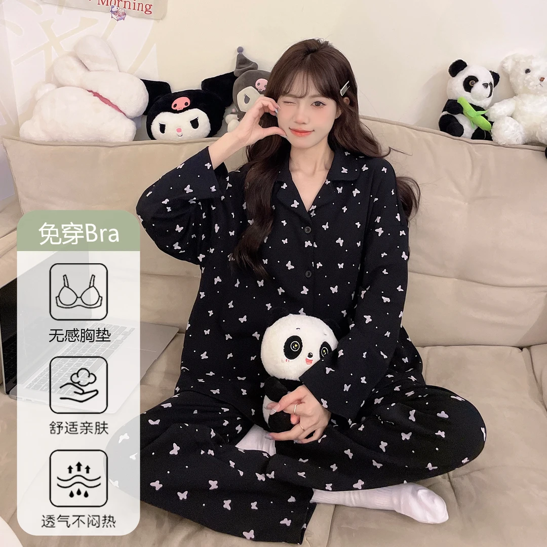 春秋女士睡衣新款2025爆款长袖长裤带胸垫可外穿韩版高颜值家居服