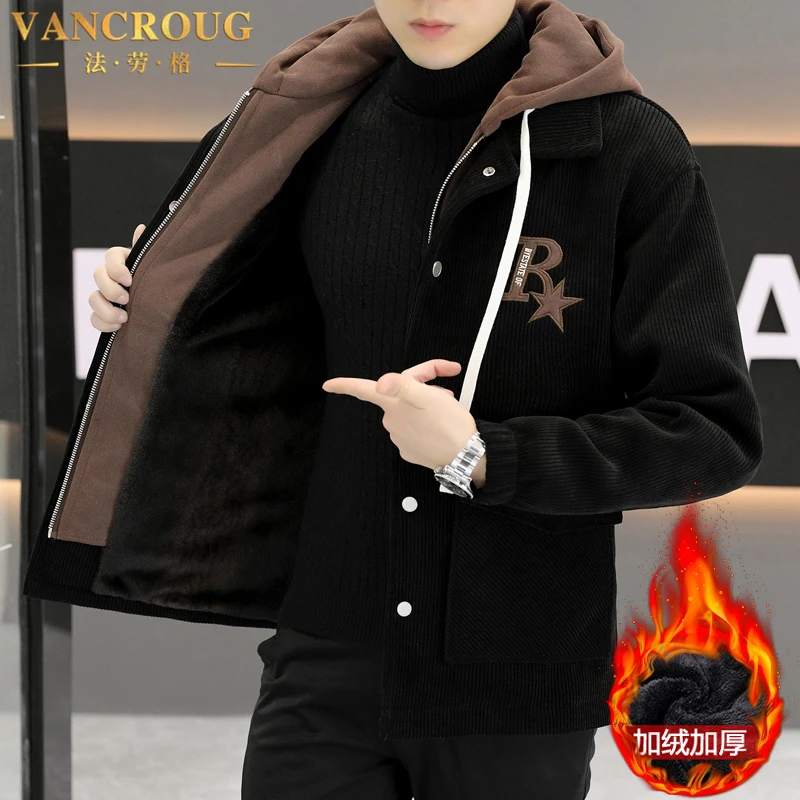 VANCROUG/法劳格夹克男士秋冬加绒连帽潮牌宽松休闲高端保暖外套