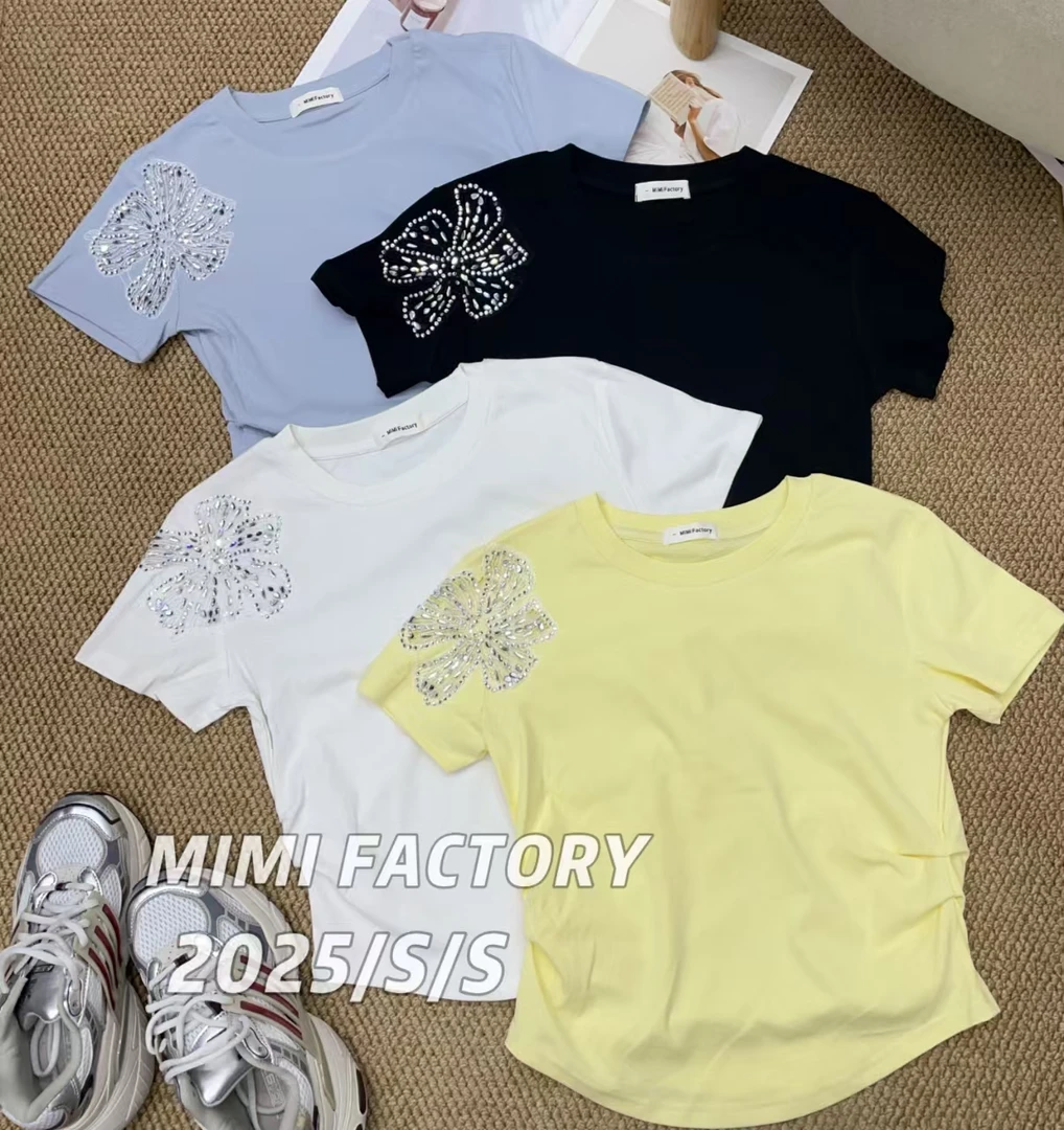 芈芈-2025夏季新款 镂空设计蕾丝短袖T恤女修身显瘦上衣4624#