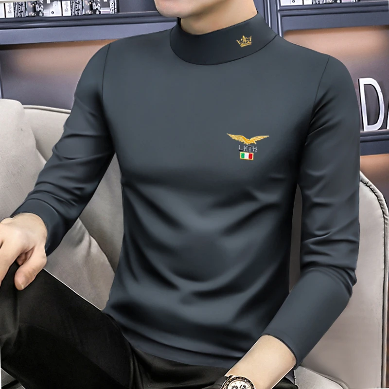2025新款秋冬季男士长袖t恤半高领修身体恤打底衫加绒加厚上衣服