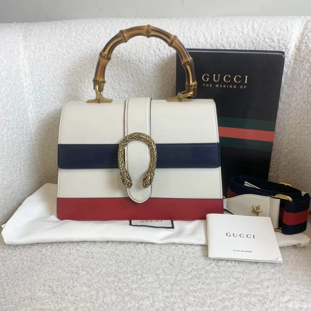 99新 GUCCI/古驰 壹臻/dionysus条纹竹节手提包中号 16367386