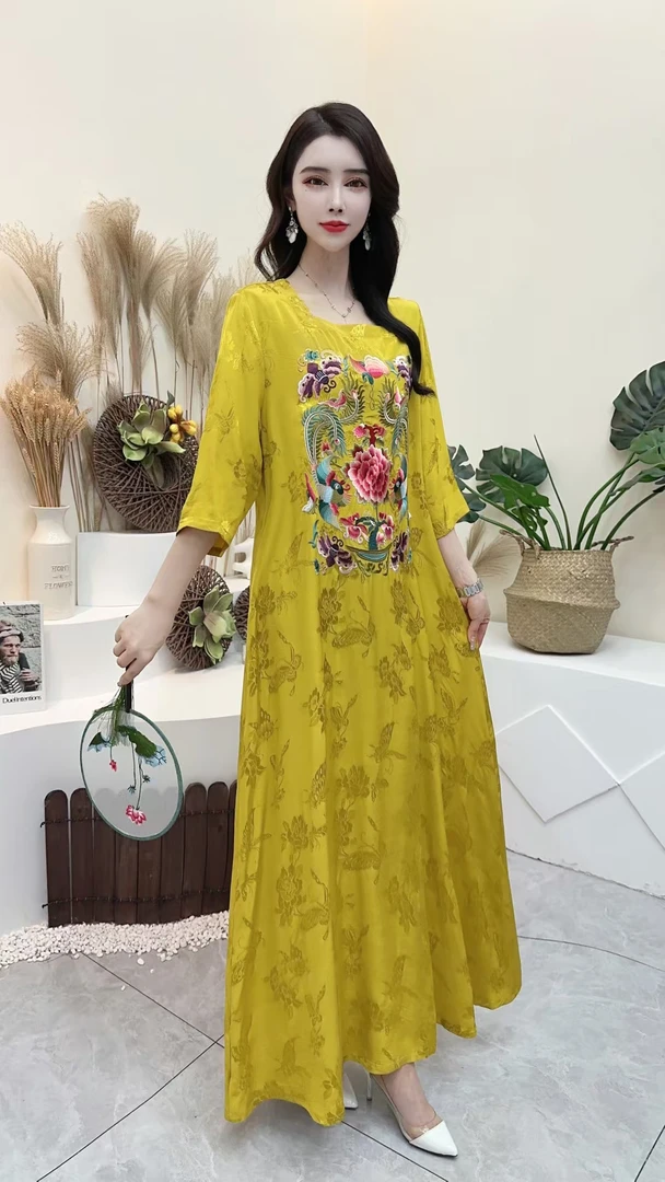 【玉花容】国风提花缎平领精工丝线2317刺绣长裙