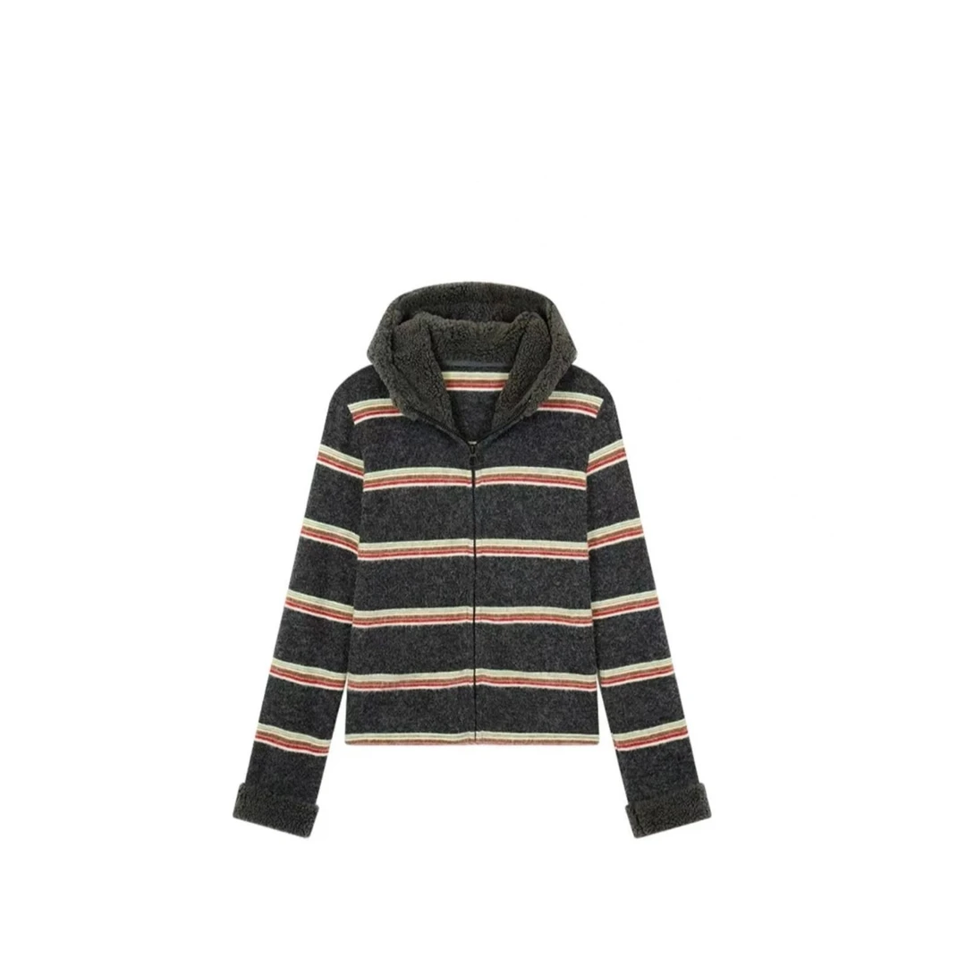 韩系撞色条纹毛绒连帽卫衣外套  J322