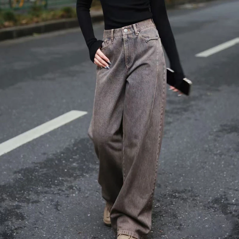 【商场同款】2025新款高腰直筒裤百搭气质休闲复古水洗阔腿牛仔裤
