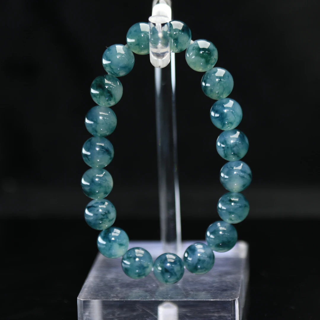 24天然缅甸翡翠A货冰飘蓝花手串/500339/北京银座拍卖