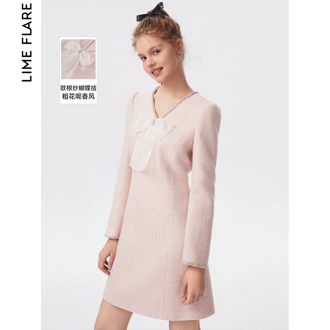 莱茵法式小香风别致蝴蝶结V领粉色洋气连衣裙LMEC18WOP052
