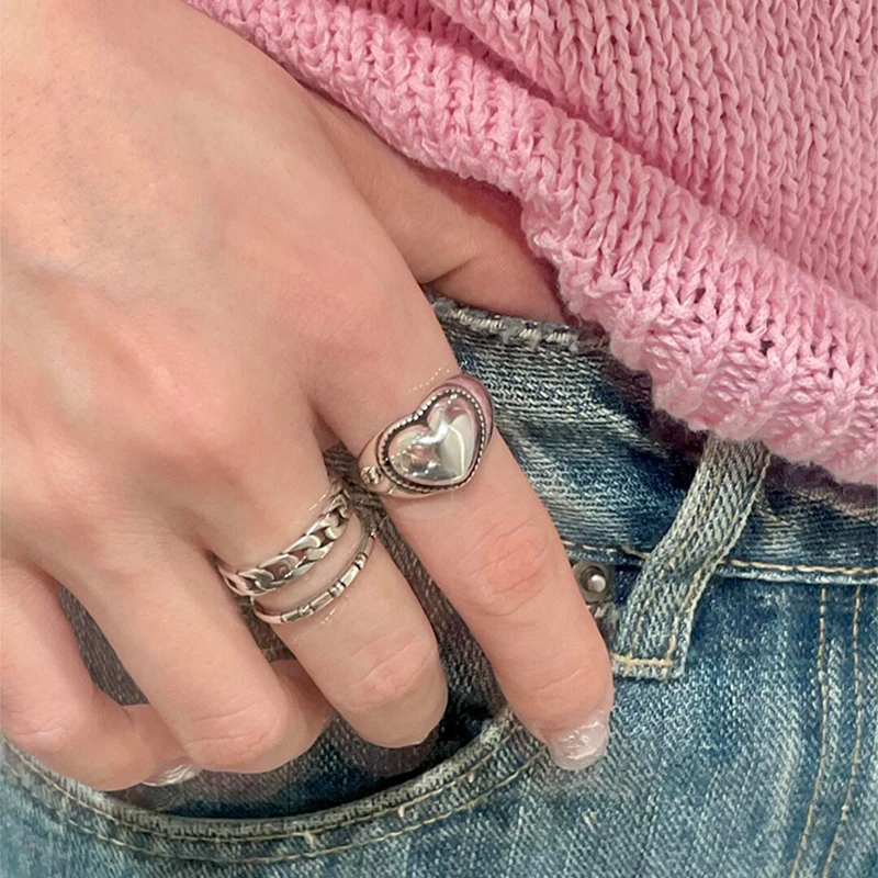 铜合金戒指 朋克风复古爱心戒指个性双层麻花锁链镂空叠戴食指戒