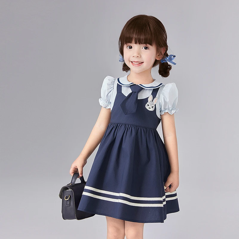 笛莎夏季时尚女童连衣裙洋气学院风小童假两件泡泡袖公主裙儿童