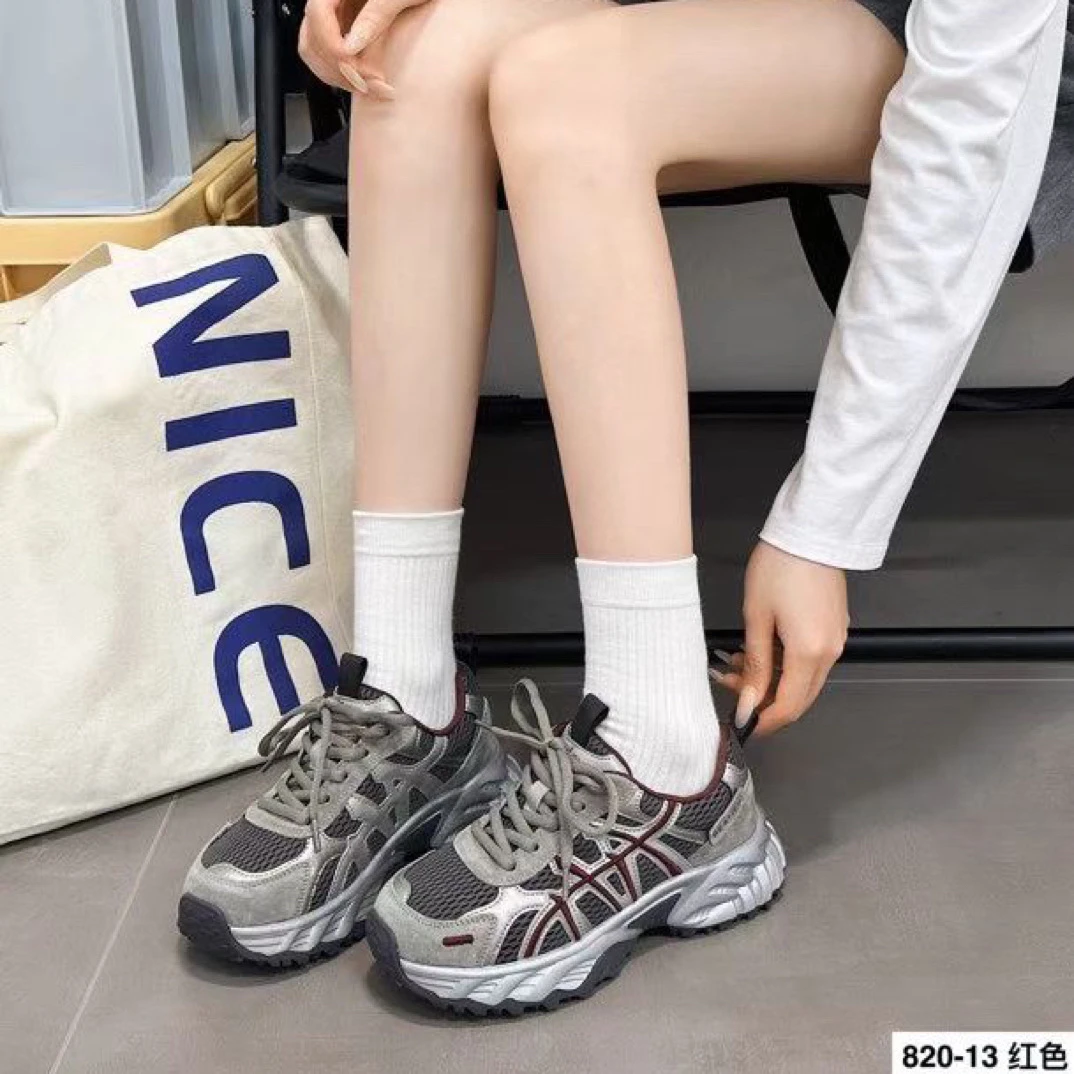 显脚小厚底老爹鞋女2025秋季新款网面透气增高真皮系带运动休闲鞋