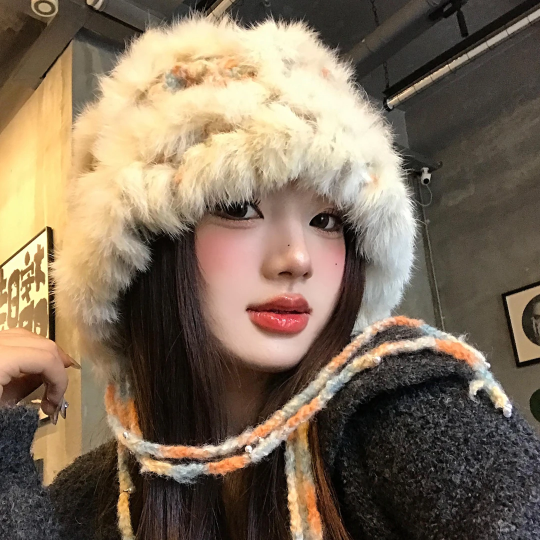 兔毛针织醒狮帽女冬季保暖加厚防寒毛绒帽大头围加绒护耳毛线帽子