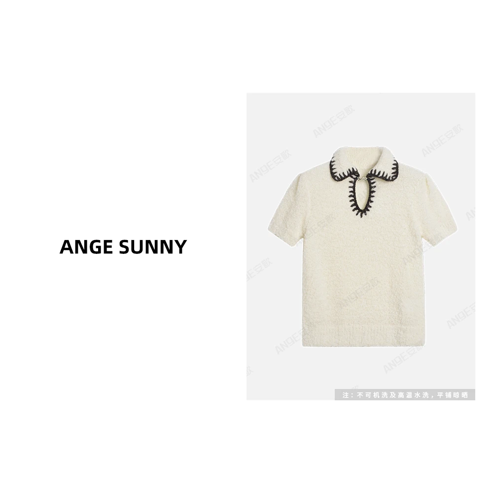 曲阳 ANGE SUNNY【小香滑雪系列100羊毛衫】手钩翻领泡泡袖针织衫