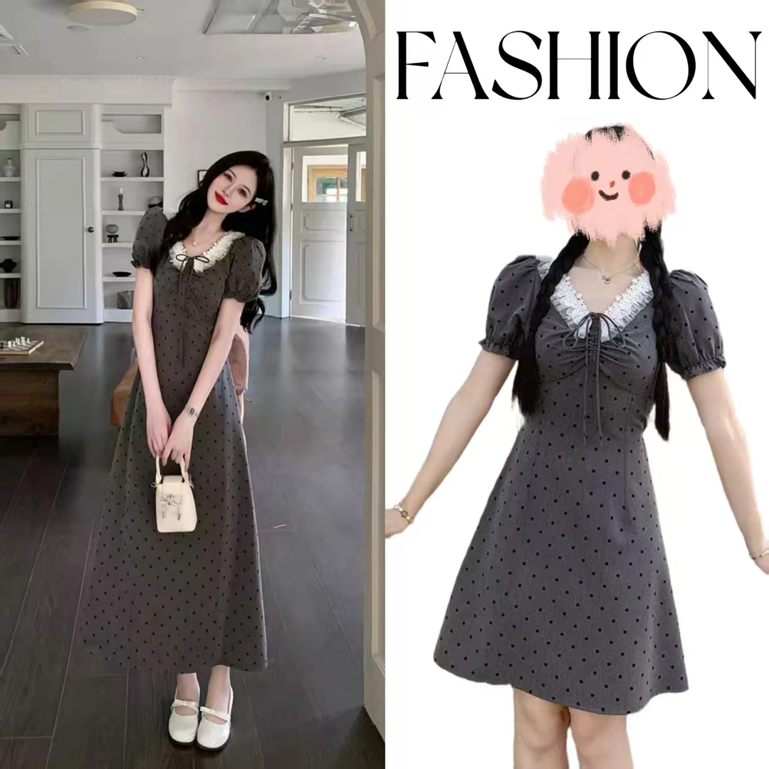 （朵朵专属）盐系少女灰色连衣裙女夏新款梨形收腰设计感波点裙1750