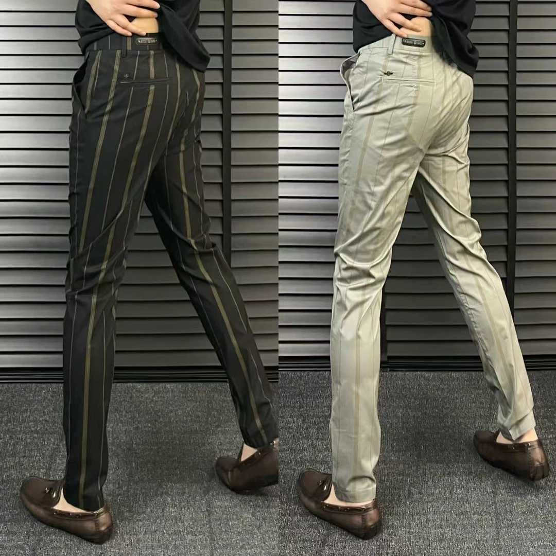 【条纹休闲裤】早秋新款轻奢时尚百搭弹力修身小直筒7811