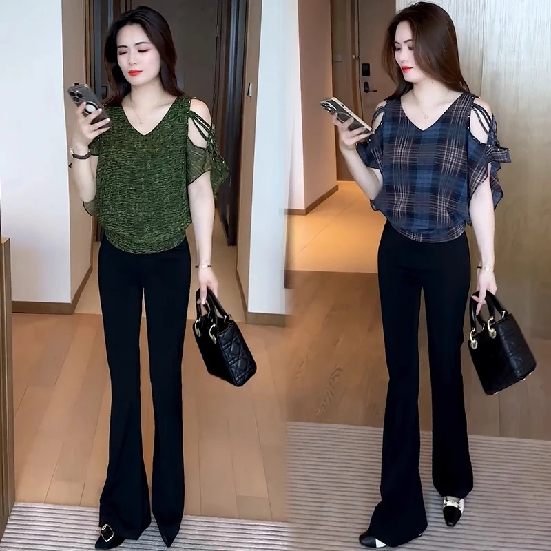 短袖衬衫女夏季新款时尚气质百搭开叉洋气显瘦休闲蝙蝠袖高腰上衣