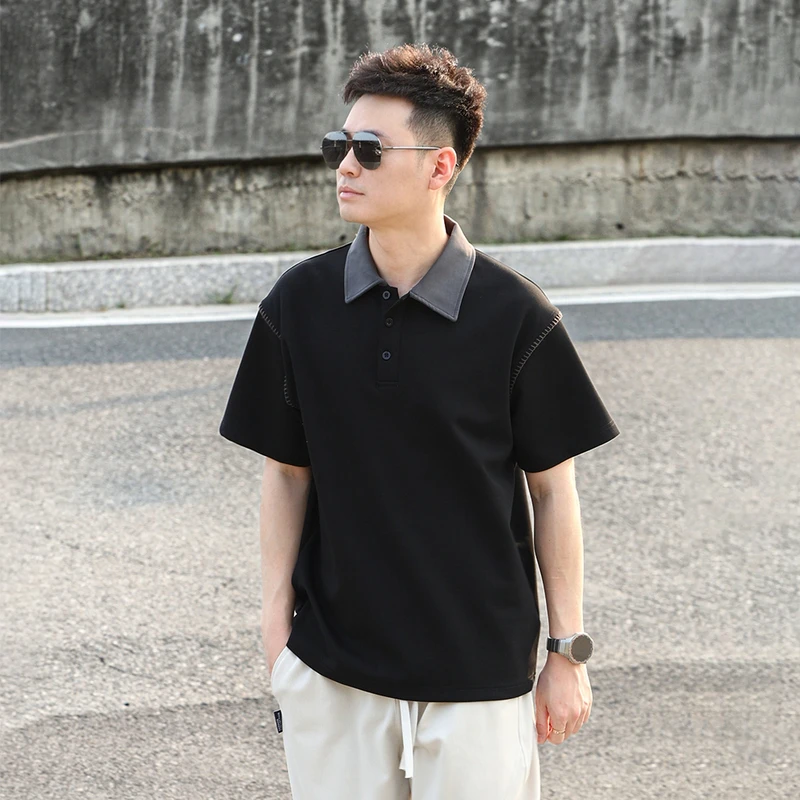 液感手缝明线拼接polo短袖男款拼接撞色百搭时尚宽松翻领T恤男