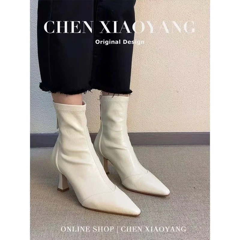 短靴女2025新款秋冬尖头瘦瘦靴后拉链时尚显瘦马丁靴细跟高跟鞋女