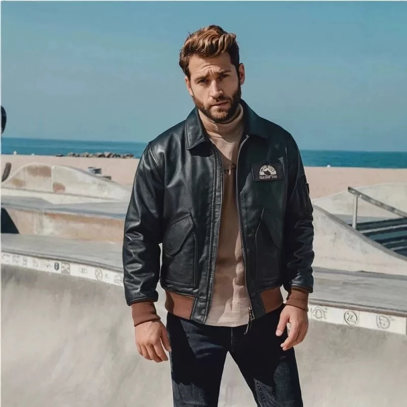头层牛皮复古A2飞行皮夹克修身CWU-45P机车翻领真皮皮衣男外套
