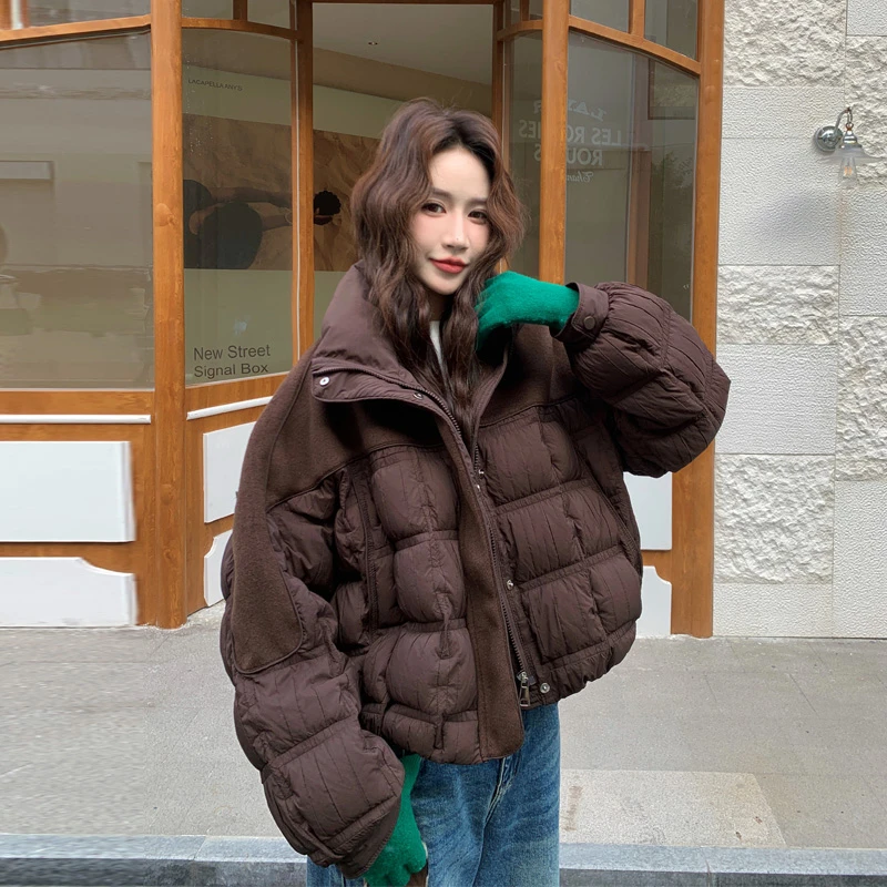 美拉德风咖色立领羽绒服2025冬季新款休闲风百搭韩版短款面包服潮