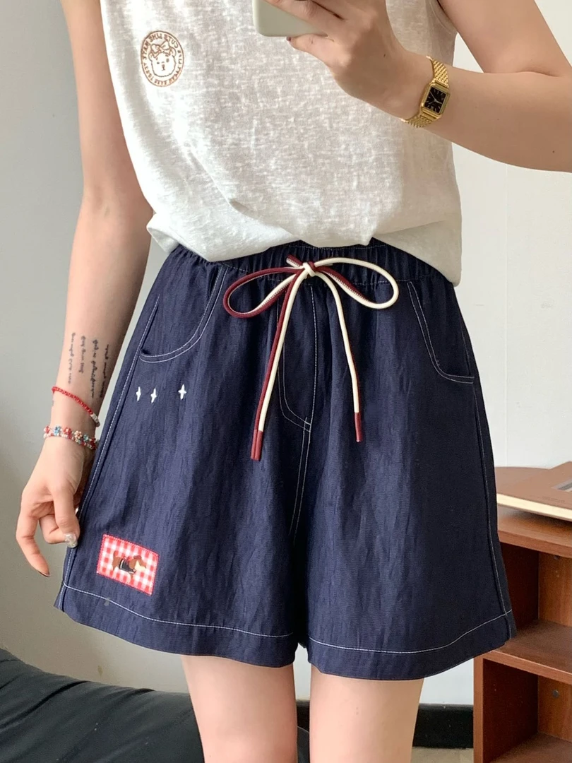 小雅姐姐  减龄腊肠狗刺绣松紧腰百搭休闲短裤IV91