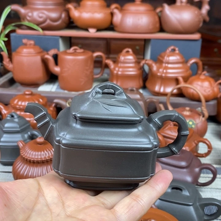紫砂茶壶四方竹鼓200cc原矿古天青紫砂特价