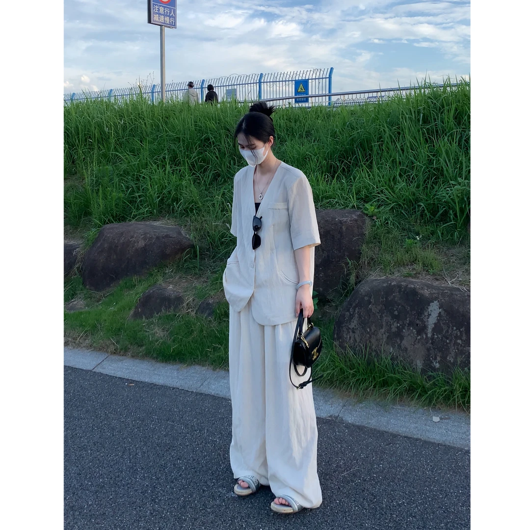 【TZ2557】亚麻V领西装+阔腿裤两件套女简约高级感短袖通勤套装