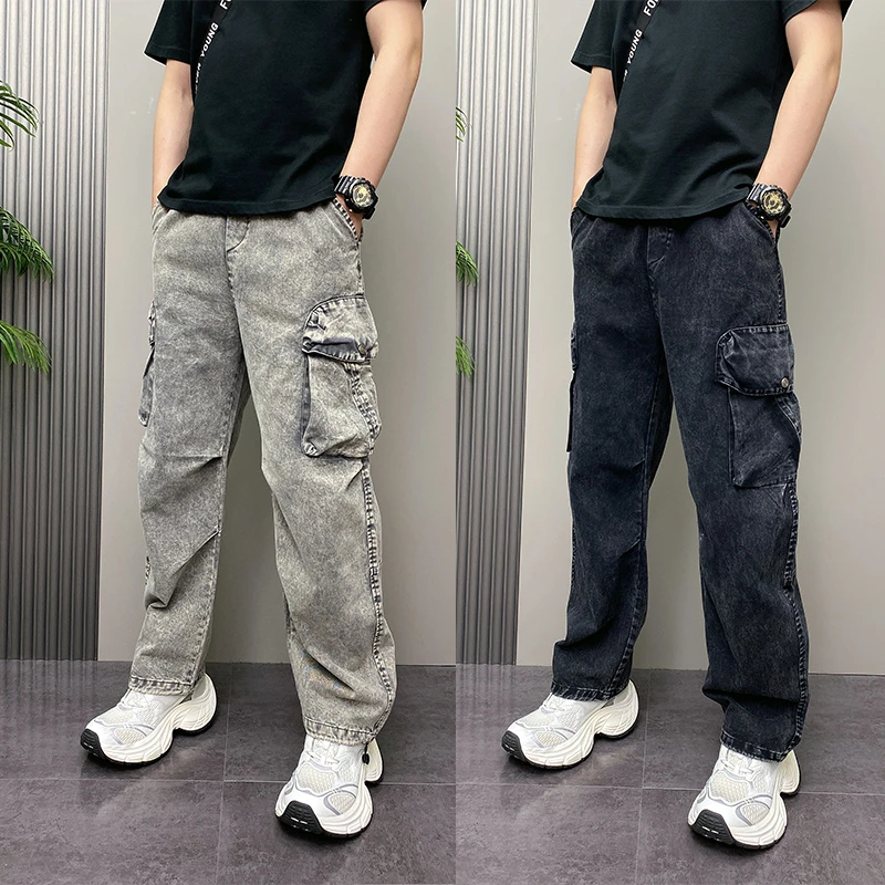 秋季新款美式复古工装裤男款宽松直筒休闲扎染裤子潮牌痞帅牛仔裤