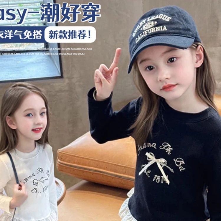 儿童秋季长袖T恤女童蝴蝶结纯色打底衫 宝宝可爱蕾丝花边休闲上衣