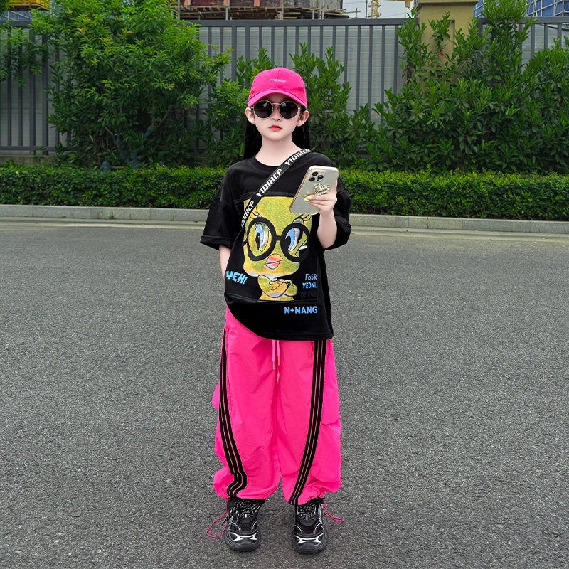 女童夏季2025新款儿童韩版时尚宽松短袖T恤荧光色阔腿裤两件套潮
