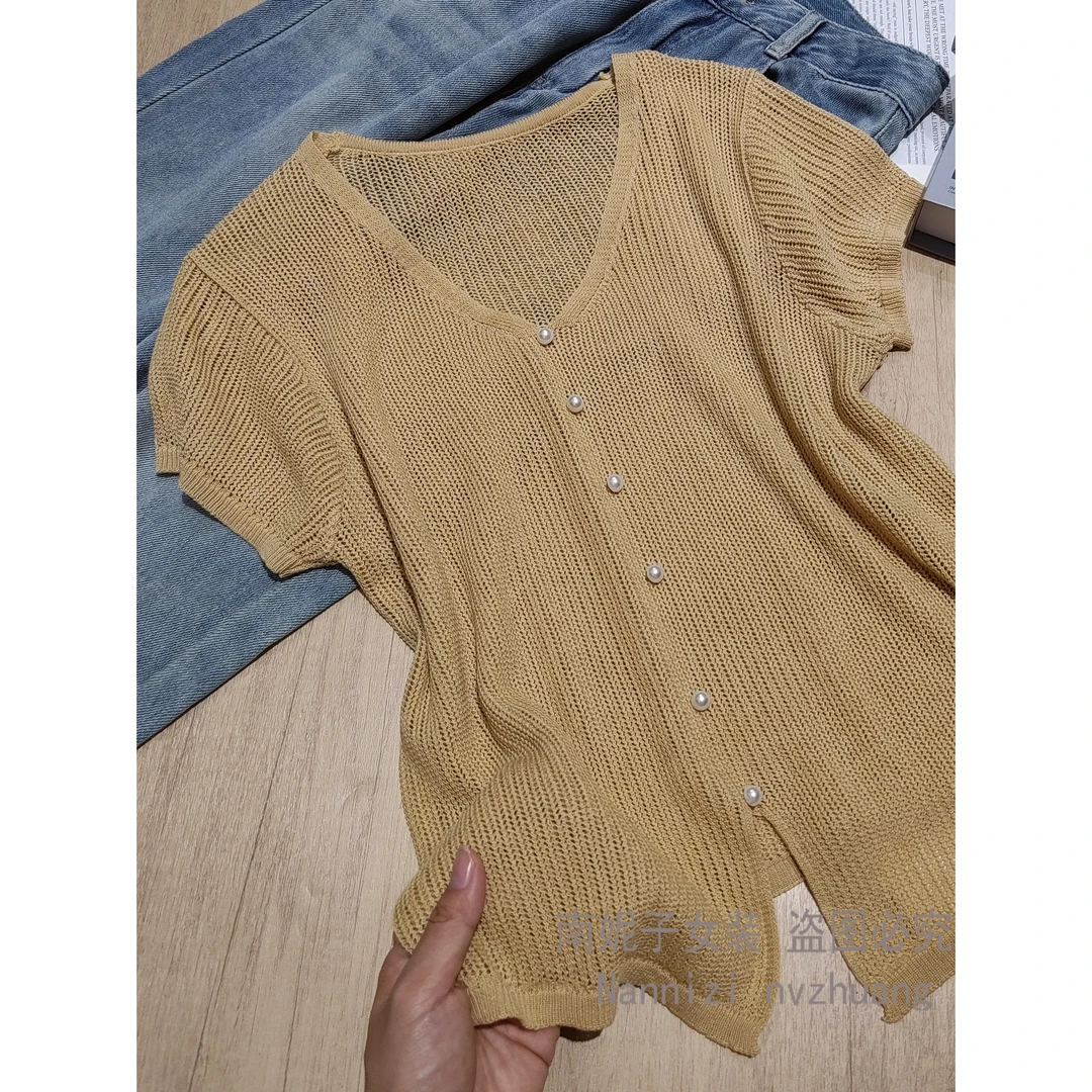 南妮子女装V领开叉设计感上衣女夏季韩版宽松气质针织衫XC28190
