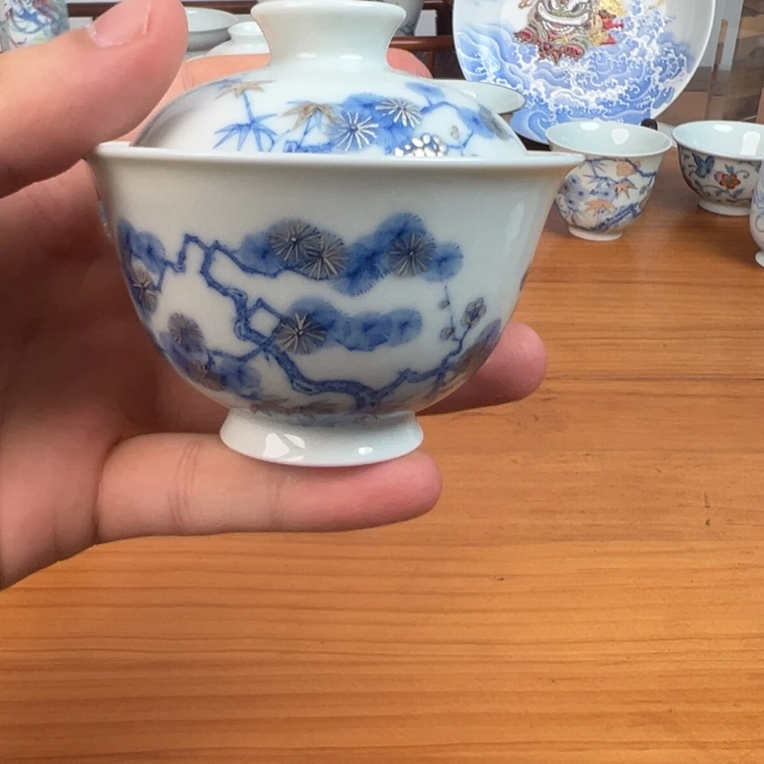 青花描银松竹梅盖碗