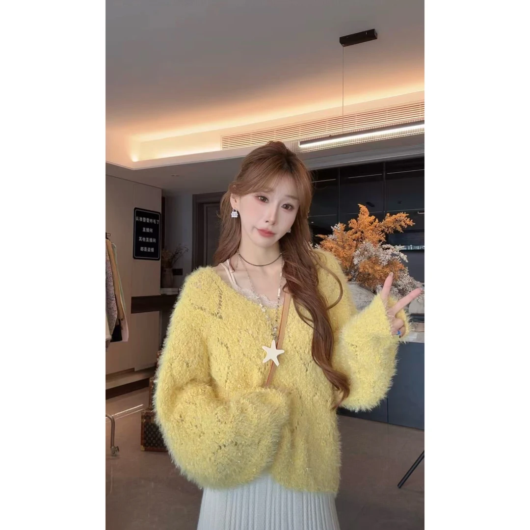 2167韩系水貂绒V领毛衣女秋季新款慵懒套头打底软糯长袖针织上衣