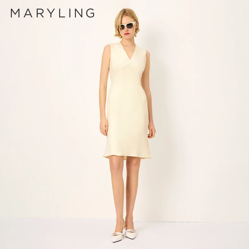 MARYLING玛俪琳2025春季新品V领无袖鱼尾过膝连衣裙A1FBW63100