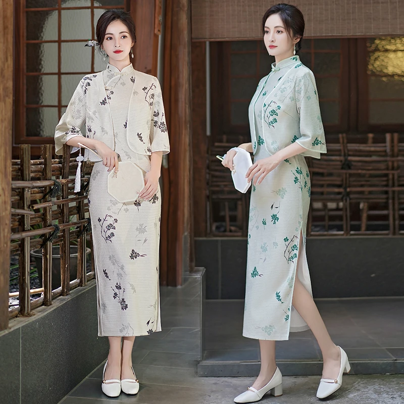 新中式复古中国风长款旗袍披肩两件套夏季新款年轻妈妈装日常送考