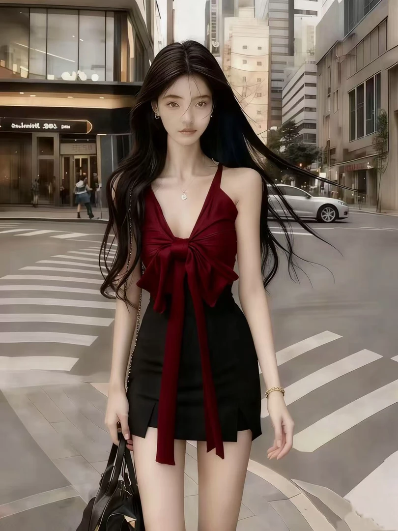 韩版时尚气质名媛辣妹风酒红撞色无袖V领挂脖修身高腰包臀连衣裙