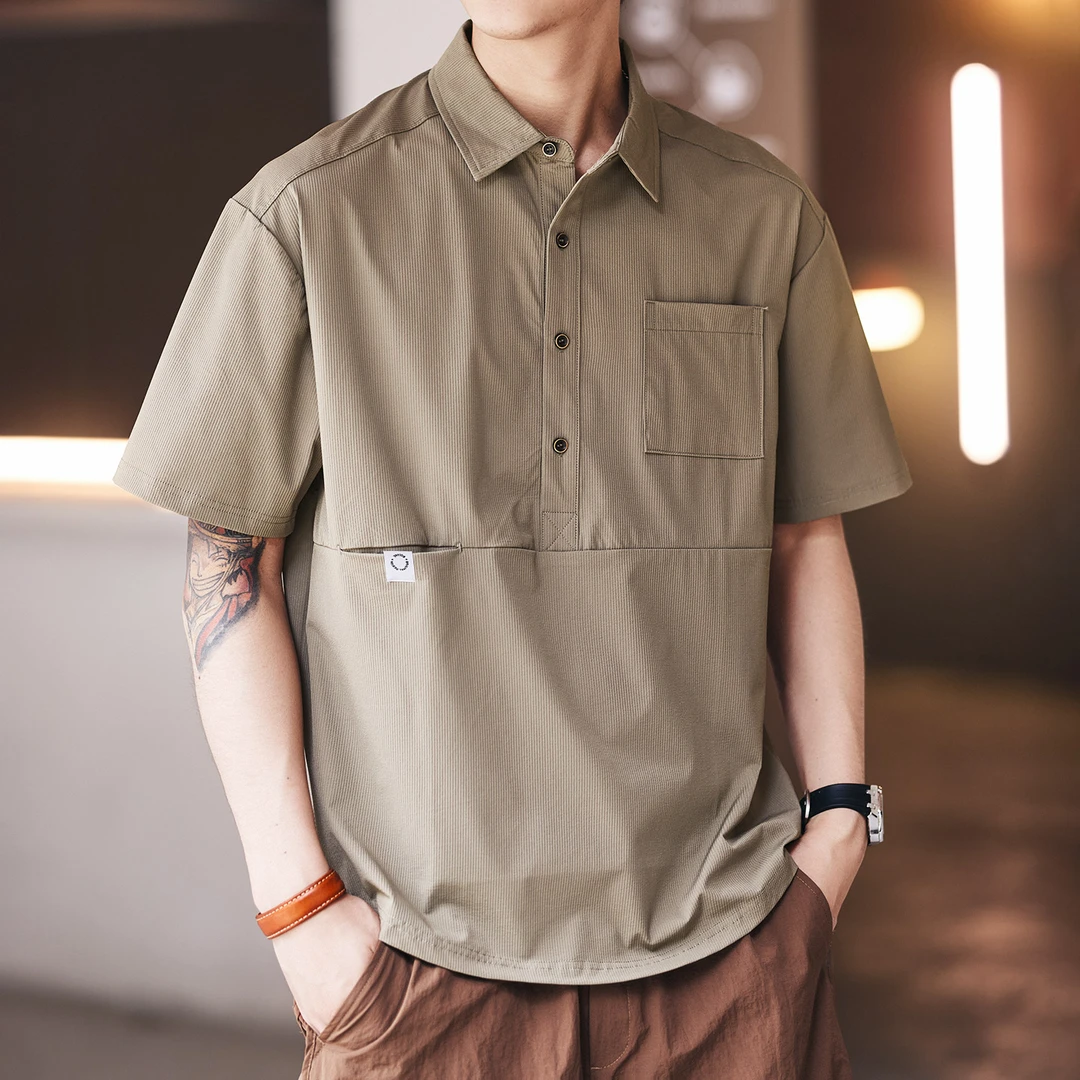 格蓝鹿美式复古肌理设计感拼接短袖Polo衫男夏季新款休闲半袖上衣