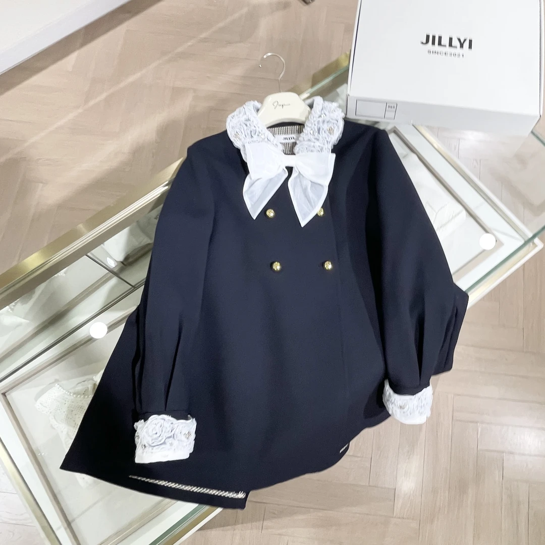 JILLYI南山店【名媛帘幕】深蓝色拼接网纱外套秋季公主气质时尚洋气